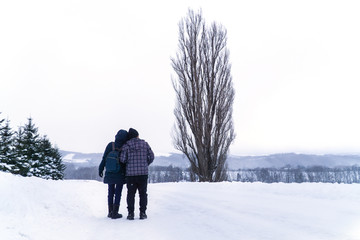 Lover traveller couple romantic date on winter holiday.
