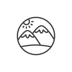 Snowy mountains peak and sun line icon. linear style sign for mobile concept and web design. Mountain landscape outline vector icon. Symbol, logo illustration. Vector graphics