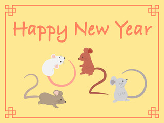 Vector illustration of Cute Rat Mouse Zodiac Cartoon Character Chinese New Year 2020 Greeting Card