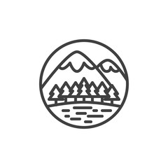 Mountain landscape with forest trees line icon. linear style sign for mobile concept and web design. Snowy mountains and trees outline vector icon. Symbol, logo illustration. Vector graphics