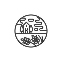 Rural landscape line icon. linear style sign for mobile concept and web design. Cottage house and trees outline vector icon. Symbol, logo illustration. Vector graphics