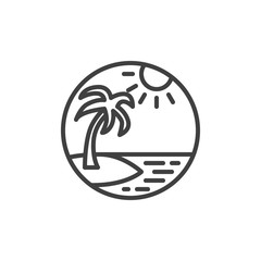 Tropical beach landscape line icon. linear style sign for mobile concept and web design. Island palm tree with sea and sun outline vector icon. Symbol, logo illustration. Vector graphics