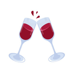 Two glass glasses with red wine and a splash of the drink. Vector illustration in the trend flat style, isolated on a white background.