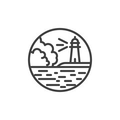 Landscape with lighthouse by the sea line icon. linear style sign for mobile concept and web design. Lighthouse on a seashore outline vector icon. Symbol, logo illustration. Vector graphics
