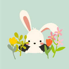 Cute kawaii cartoon flat vector easter white bunny face in hole with sprinf flowers