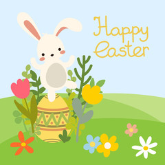 Cute flat cartoon vector easter bunny with colorful decorative eggs on green nature floral landscape with flowers with lettering