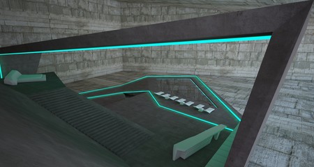 Fototapeta premium Abstract architectural concrete interior of a minimalist house with colored neon lighting. 3D illustration and rendering.