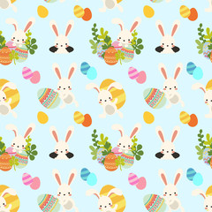 Vector cute flat cartoon easter bunny, hare, rabbit and colorful decorative eggs seamless pattern bright colored with blue background