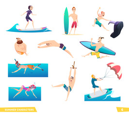 Extreme summer water sport. People and sea activities. Collection of summer characters.