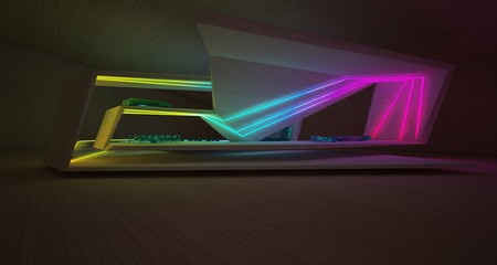 Abstract architectural concrete, wood and glass interior of a minimalist house with colored neon lighting. 3D illustration and rendering.