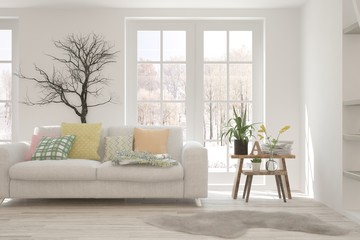 Stylish room in white color with sofa and winter landscape in window. Scandinavian interior design. 3D illustration