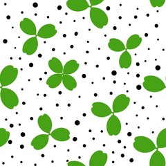 Clover leaves seamless pattern. Shamrock green spring background. Happy St Patricks Day design. Cute simple dotted design. Vector