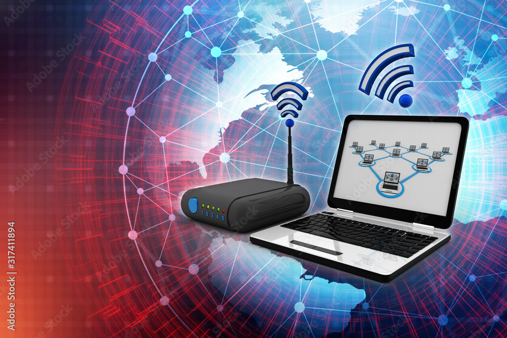 Poster 3d rendering Transmitter wi-fi modem with laptop
