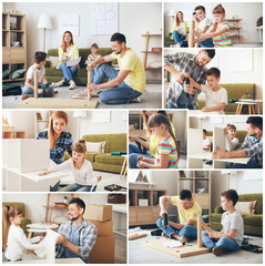 Collage of photos with family assembling furniture at home