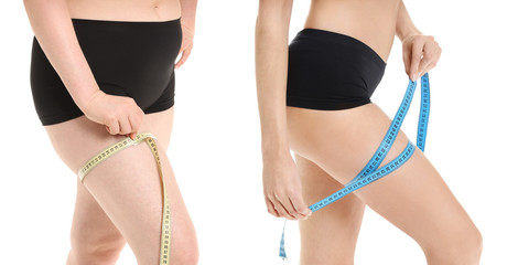 Young woman with measuring tape before and after weight loss on white background