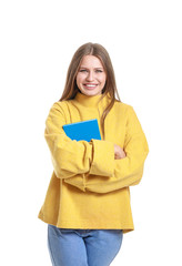 Fototapeta premium Beautiful young woman with book on white background