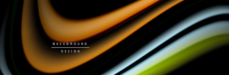 Сolorful flow poster. Wave liquid lines and shapes in black color background. Vector Illustration