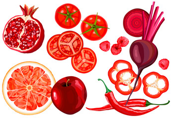 Collection of fresh red vegetables and fruits raw on white background