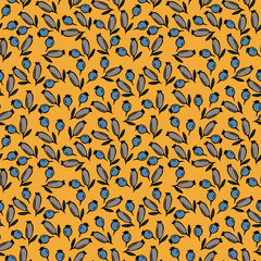 Seamless pattern with colorful hand drawn berries on a yellow background. It can be used for decoration of textile, paper and other surfaces.