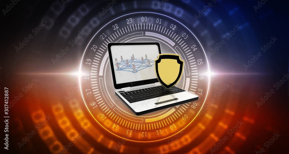 Poster laptop with shield. isolated 3d rendering image