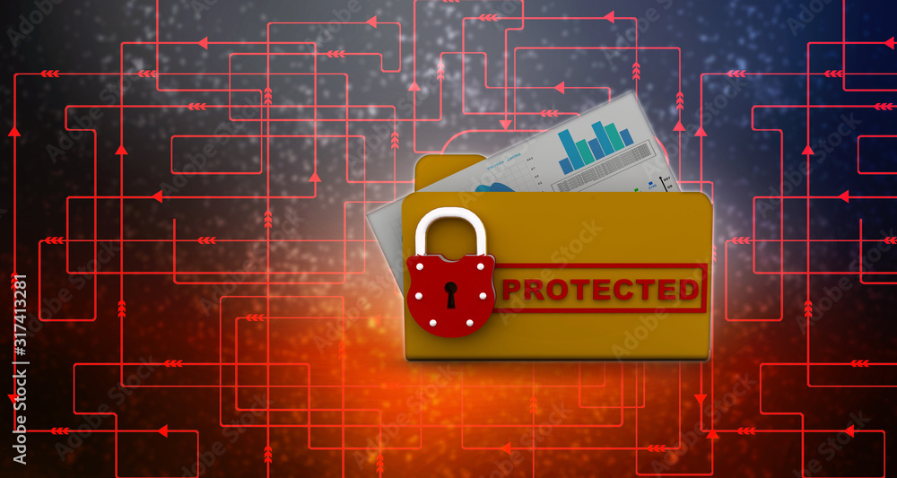 Poster yellow folder and lock. data security concept. 3d rendering