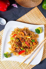 Fried Mie noodles with beef and vegetables.