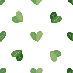 Seamless flat pattern with simple hearts from leaves on a white background. Love of nature. Vector natural texture for wallpapers, fabrics and your creativity.