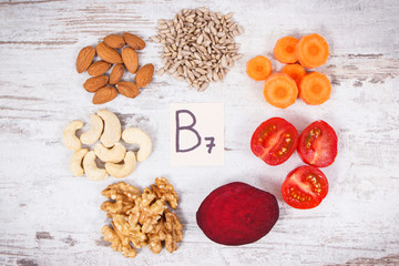 Fototapeta na wymiar Nutritious products containing vitamin B7 and dietary fiber, healthy nutrition