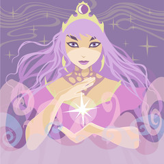 Graphic fantasy portrait illustration of a beautiful fairy female character, siren, magician, nymph, holding a star in her hands and wearing moon jewelry in crown