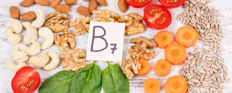 Healthy products as source minerals, vitamin B7 and fiber, nutritious eating concept