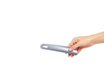 Plastic gray shoe spoon. Shoehorn foot accessory.