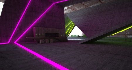 Abstract architectural concrete and rusted metal interior of a minimalist house with colored neon lighting. 3D illustration and rendering.