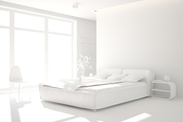 Modern bedroom in white color. Scandinavian interior design. 3D illustration