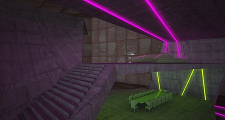 Abstract architectural concrete and rusted metal interior of a minimalist house with colored neon lighting. 3D illustration and rendering.