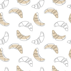Vector seamless pattern with continuous line croissants. Bakery product for logo, packaging design, textile, wrapping paper