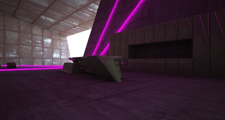 Abstract architectural concrete and rusted metal interior of a minimalist house with colored neon lighting. 3D illustration and rendering.