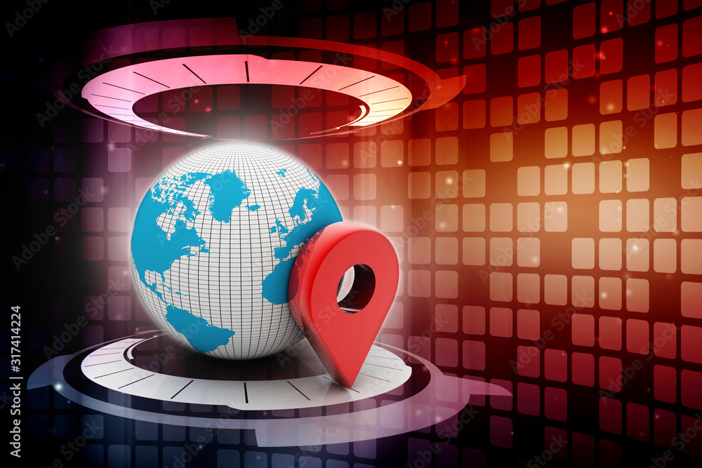 Fototapete 3d rendering Red map pointer with world map