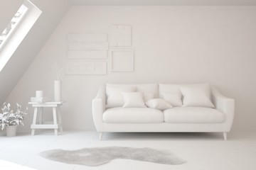 Mock up of stylish room in white color with sofa. Scandinavian interior design. 3D illustration