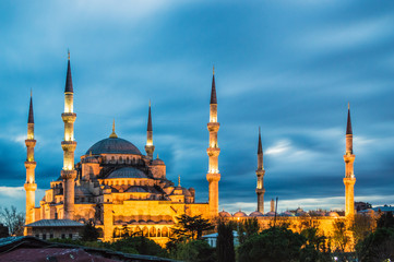Long exposure photo of Blue Mosque at dusk (blue hour) in Istanbul.