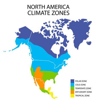 North America climate zones map, vector geographic infographics