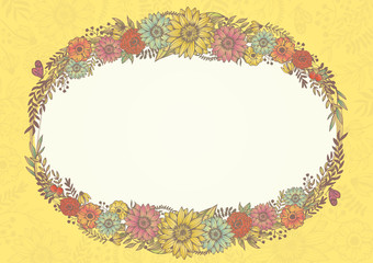 アンティークカラー　レトロな花柄の背景素材　手書きイラスト　結婚式招待状　サロンDM　イエロー