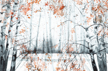 Watercolor illustration of a beautiful winter Russian birch forest