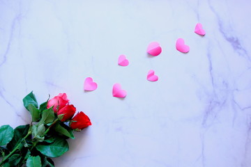 Rose and pink heart on marble white background,Valentine's day.