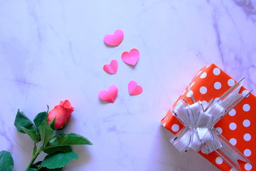 Rose and pink heart on marble white background,Valentine's day.