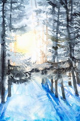 Watercolor illustration of a beautiful winter Russian forest in the sun