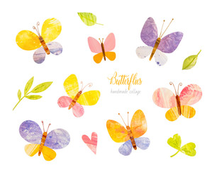 Cute pastel butterflies. Green leaves. Handmade watercolor handpainted paper collage. Easter paper art and craft style. Cut paper. Applique. Vintage