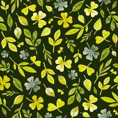 Green leaves and twigs. Shamrock. Handmade watercolor handpainted paper collage. Easter paper art and craft style. Cut paper. Applique. Seamless pattern. Vintage