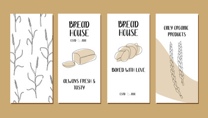 Set of flyers with continuous line breads. Vector line art. Perfect for bakery shop logo, business cards, cafe menu, restaurant banners, food flyers, icon, packaging design