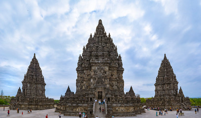 Yogyakarta, Indonesia - CIRCA 2017: The three main temples at the Prambanana Temple complex. The...