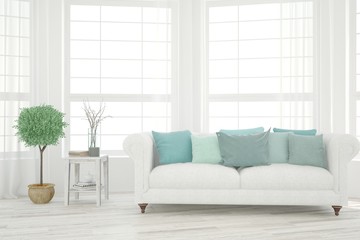 Stylish room in white color with sofa. Scandinavian interior design. 3D illustration